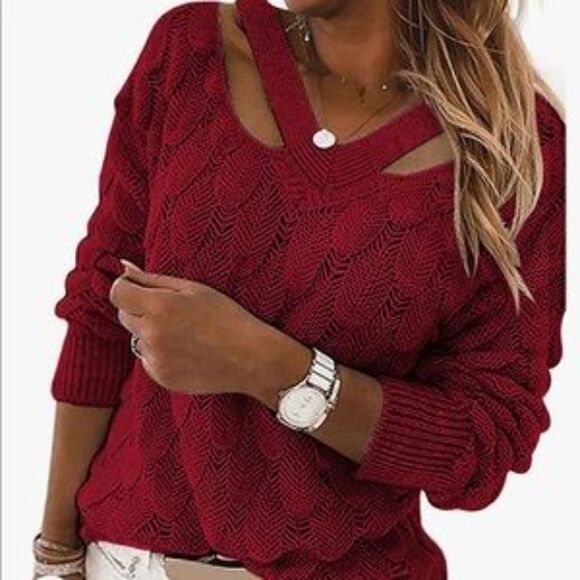 New Unique V Neck Hollow Out Knit Sweater - Picture 7 of 11